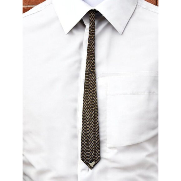 Maria - Thereza Mimoso Geometric Pattern 100% Silk Tie Navy Blue and Gold Made I - Picture 2 of 7